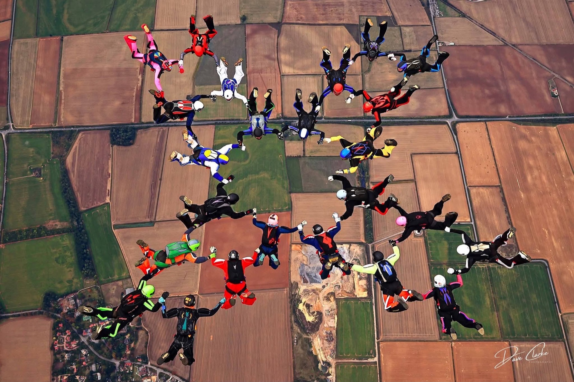 A freefall formation over farmland